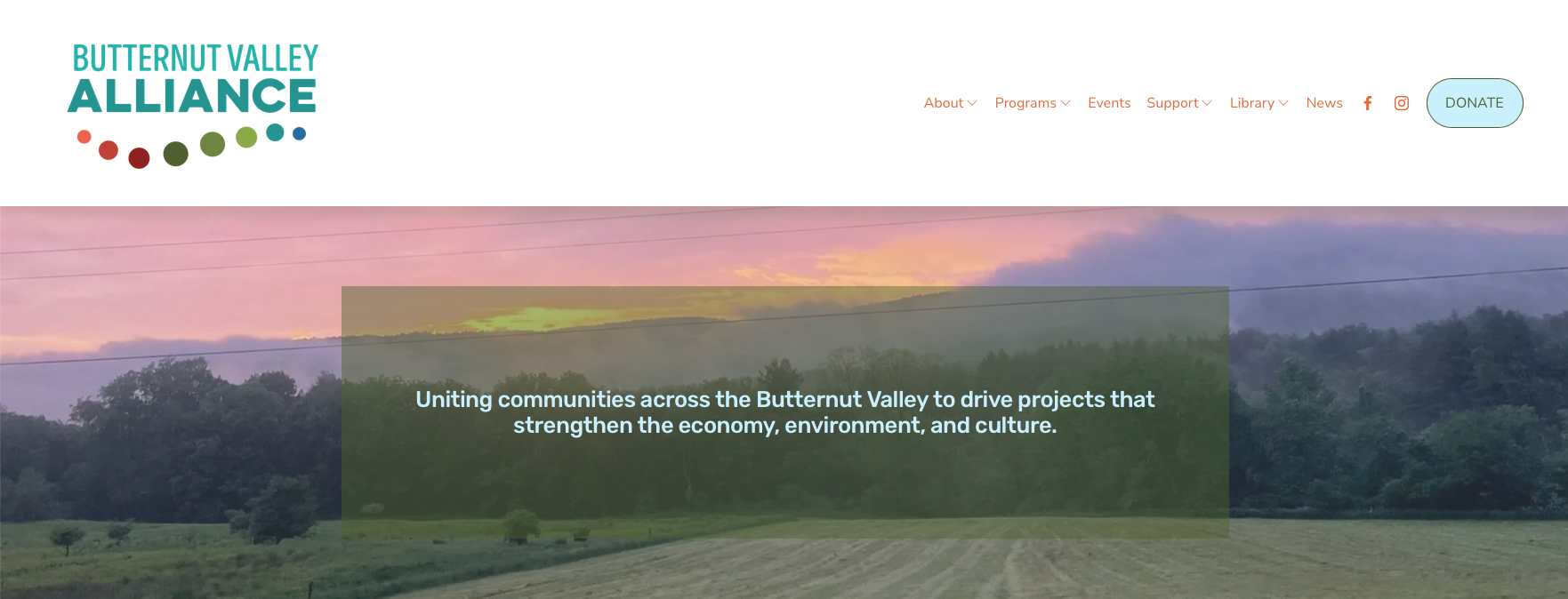The BVA website has a menu with About, Programs, Events, Support, Library, News, and social links. It features images from the Butternut Valley.